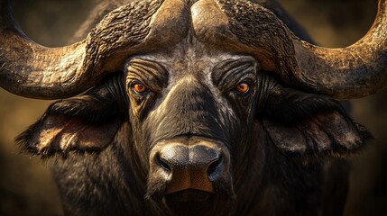 Naklejka premium Majestic Cape Buffalo Close-up Portrait for Wildlife Photography and Conservation Concepts