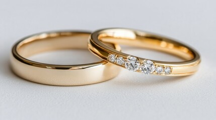 Eternal Bond: A close-up shot of two exquisitely crafted wedding rings, one with radiant diamonds, symbolizing the timeless union of love and commitment.
