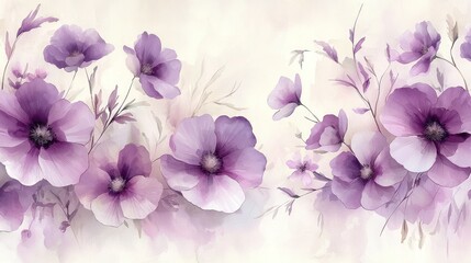 Purple flowers bloom in watercolor painting on soft, neutral gradient background