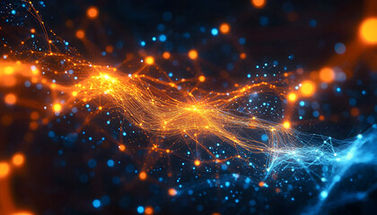 Obraz premium Abstract tech network data connections with orange, blue glowing dots, lines. Artificial intelligence neural network, machine learning, cloud computing concept. Digital transformation strategies,