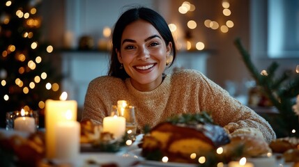 Joyful gathering: A woman, beaming with happiness, sits amidst a festive Christmas dinner setting, surrounded by soft candlelight and twinkling lights. 