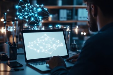 Professional man working in an office with laptop, notebook, and smartphone on a desk