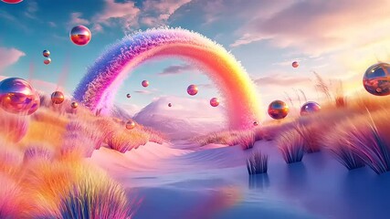 A surreal landscape featuring a vibrant rainbow and floating bubbles amidst colorful grass. - Powered by Adobe