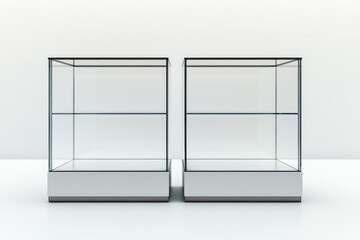 Two empty glass display cases with white bases.