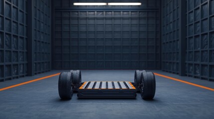 Fototapeta premium Minimalistic Electric Vehicle Chassis with Four Wheels in Garage