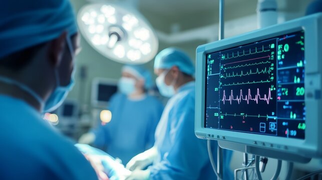Focused medical team in surgical attire monitors patient data amidst tense operating room atmosphere