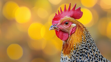 Rooster portrait against blurred golden background, detailed feathers and eye focus