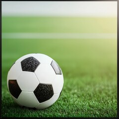 Fototapeta premium Soccer Ball on Green Grass Field Ready for a Game Day