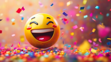 Vibrant animated emoji laughing with confetti on a colorful background in digital art style