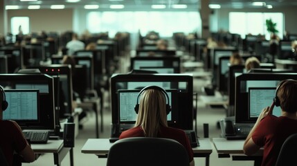 Busy Call Center: A Sea of Screens and Focused Agents