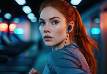 Fototapeta premium Focused Young Woman Training in Gym with Headphones in Ear