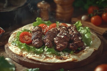 Delicious beef kebabs in pita bread with fresh lettuce and tomatoes on rustic wooden table