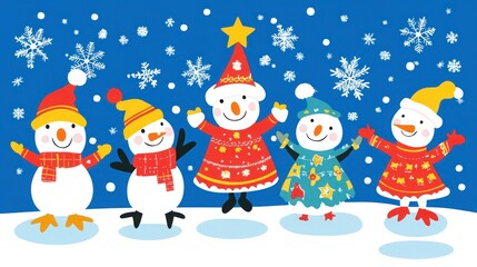 Joyful snowmen celebrate winter snowfall, greeting card design
