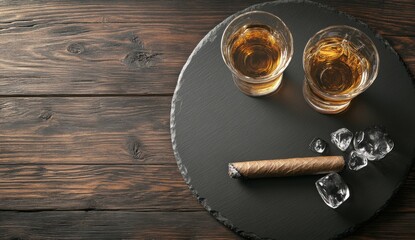 Two glasses of whiskey, cigar, and ice on a dark slate coaster.