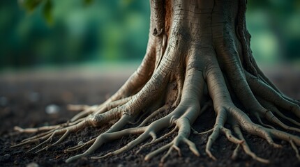 Fototapeta premium stock photo, soft pastel colors, close-up of tree roots extending into dark brown moist soil, blurred green and blue background, l