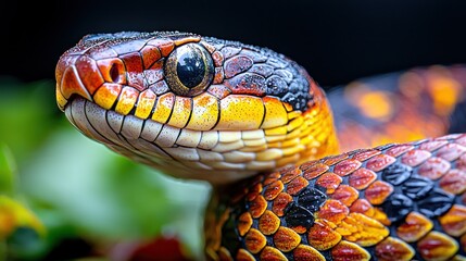 Fototapeta premium Vivid snake head portrait orange, red, black. Tropical, vibrant colors