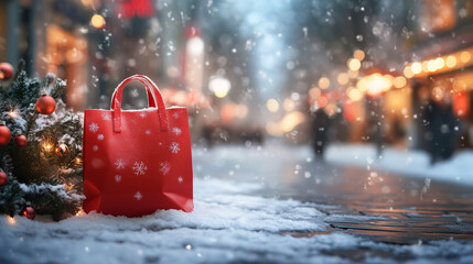 A red Christmas shopping bag sits on a snowy shopping street, surrounded by festive decorations, capturing the holiday spirit.