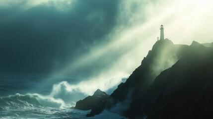 Coastal lighthouse storm; dramatic ocean waves, cliff, sun rays