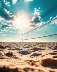 serene beach scene featuring volleyball net against vibrant sky, with soft sand in foreground and clouds illuminated by sunlight