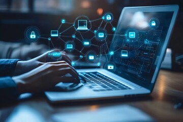 Digital security icons and business professionals collaborating on data protection and ai solutions