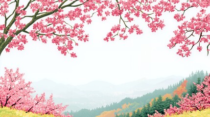 Pink Cherry Blossoms Frame Misty Mountain Landscape