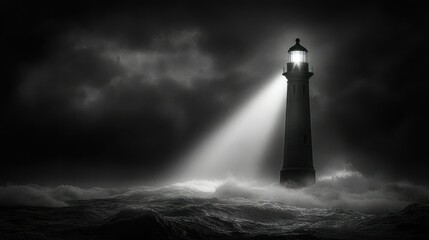 Coastal lighthouse beam cutting stormy night sea