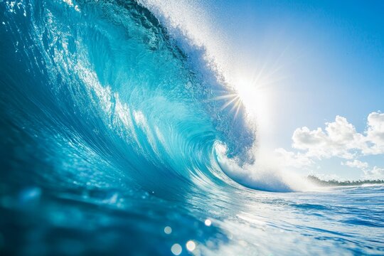 Stunning inside view of a massive hawaiian wave with rainbow light and crystal clear turquoise water - Powered by Adobe