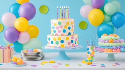 Festive birthday cake, pastel balloons, treats, party backdrop