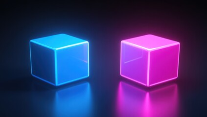 Fototapeta premium Two glowing neon cubes, blue and pink, reflecting on dark surface.