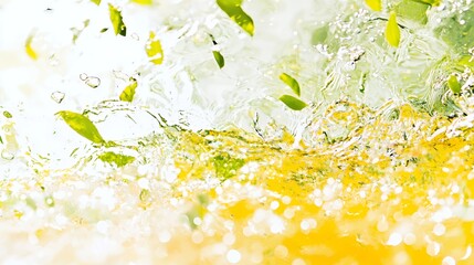 Abstract Water Splash with Green Leaves and Yellow Highlights