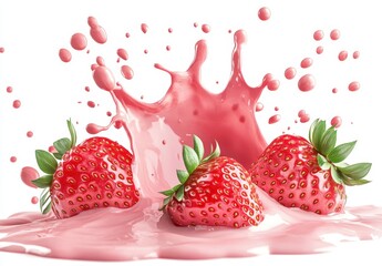 Fresh Red Strawberries with Pink Cream Splashing Around on White Background, Perfect for Food and Drink Photography