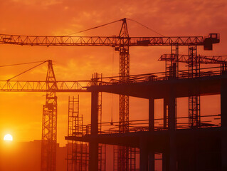 Obraz premium Photo Construction Site Sunset Cranes Building Development Architecture Industrial