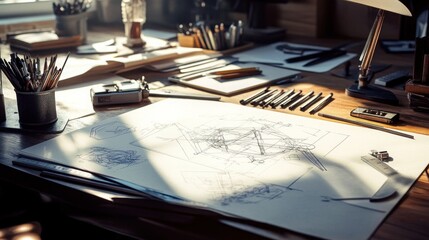 Architect sketching blueprint, sunlit studio, design tools