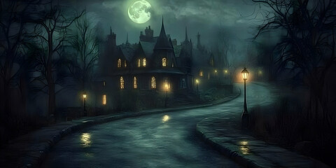 Illustration - Dark Night, Victorian House, Moonlit Path