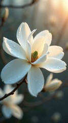 Fototapeta premium Pristine White Magnolia in Full Bloom with Dew Drops at Dawn, Soft Morning Glow, Subtle Center of Pale Yellow and Green, Blurred Background of Silvery Branches and Misty Foliage