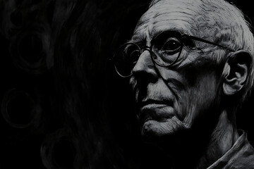 Monochrome Portrait of an Elderly Man with Glasses in Dark Low Key Lighting on Black Backdrop