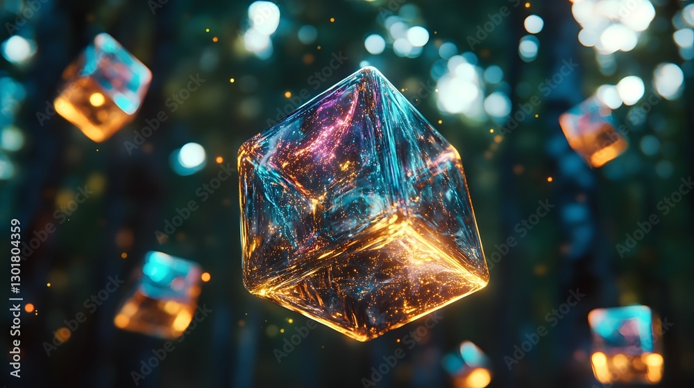 Poster illuminated cube in ethereal forest with sparkling particles