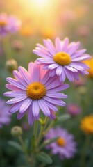 Obraz premium Vibrant Flower Duo: Soft Lavender Asters with Bright Golden-Yellow Daisies, Morning Dew, Pastel Greens, Wildflowers, Dreamy Countryside Atmosphere