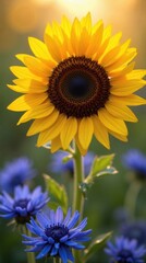 Obraz premium Vibrant Sunflower and Cornflowers: A Close-Up Photograph of Nature's Color Contrast with Blurred Background, Emphasizing Radiant Yellow and Deep Blue Hues.