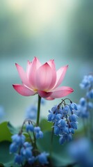 Fototapeta premium Serene Floral Arrangement with Soft Pink Lotus and Bluebells, Blurred Pastel Background, Water Droplets on Petals, Ethereal Composition