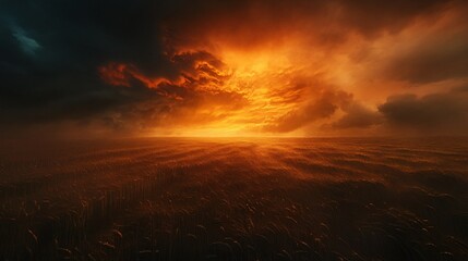 Fototapeta premium Dramatic Sunset over Wheat Field with Stormy Weather and Awe-Inspiring Sky - Ideal for Nature Backgrounds and Inspirational Projects
