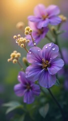 Fototapeta premium Early Morning Serenity: Vivid Purple Flowers with Golden-Yellow Accents, Dewdrops on Petals, Soft Sage Background, Dreamlike Fairytale Ambiance