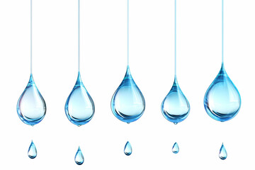 3D Illustration Water Drops, Drip, Liquid, Blue, White Background, Clean, Pure, Refreshing, Transparent
