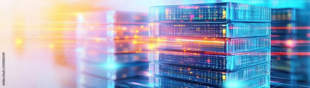 Poster modern server room with high-density stacked servers illuminated by soft led lights creating a clean