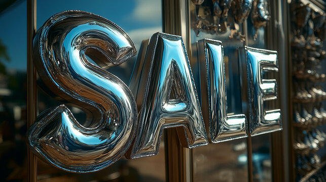 Shiny sale sign attracts customers to local store on a bright sunny day
