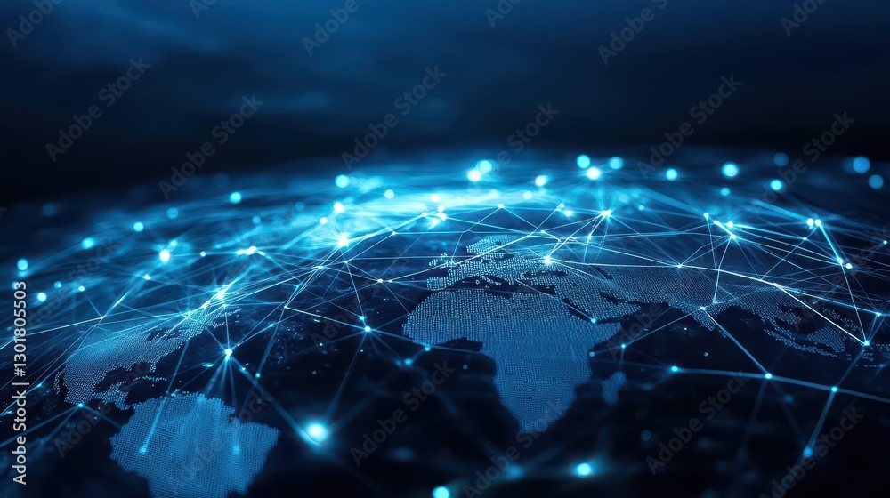 Poster global connections illustrated on a detailed world map with colorful dots and lines representing net