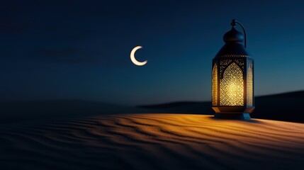 ramadan lantern with crescent moon on desert sand spiritual atmosphere.