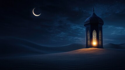 traditional ramadan lantern on desert sand under crescent moon.