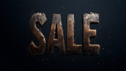 Unique sale announcement with textured letters against a dark background during evening hours