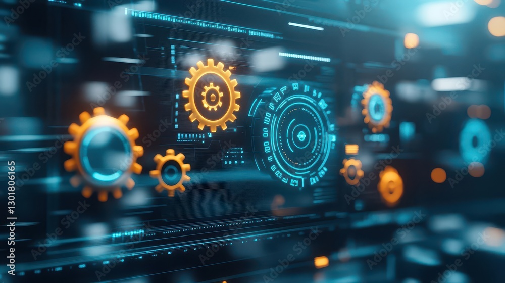 Poster intricate computer screen displaying complex gears and mechanisms illustrating engineering concepts 